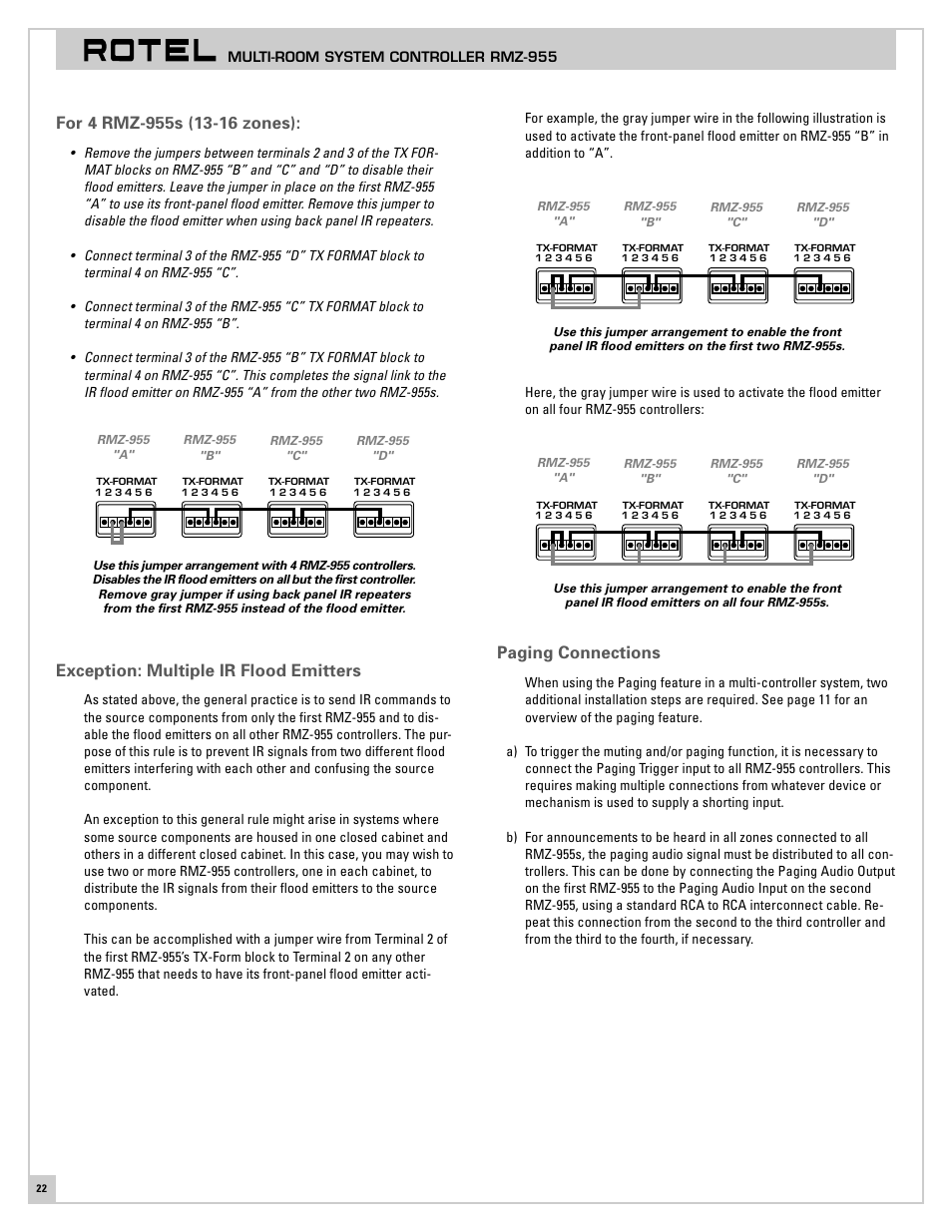For 4 rmz-955s (13-16 zones), Exception: multiple ir flood emitters, Paging connections | ROTEL RMZ-955 User Manual | Page 22 / 32