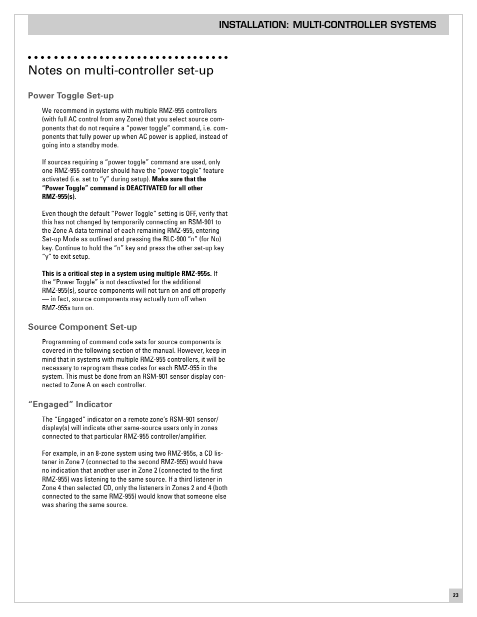Notes on multi-controller set-up, Power toggle set-up, Source component set-up | Engaged” indicator | ROTEL RMZ-955 User Manual | Page 23 / 32