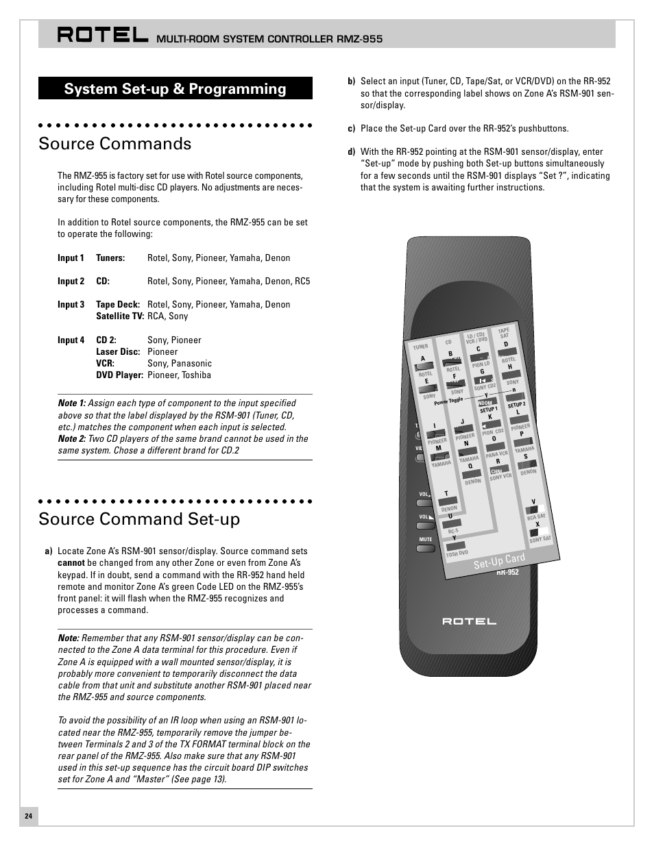 System set-up & programming, Source commands, Source command set-up | Source commands source command set-up, Set-up card, Multi-room system controller rmz-955 | ROTEL RMZ-955 User Manual | Page 24 / 32