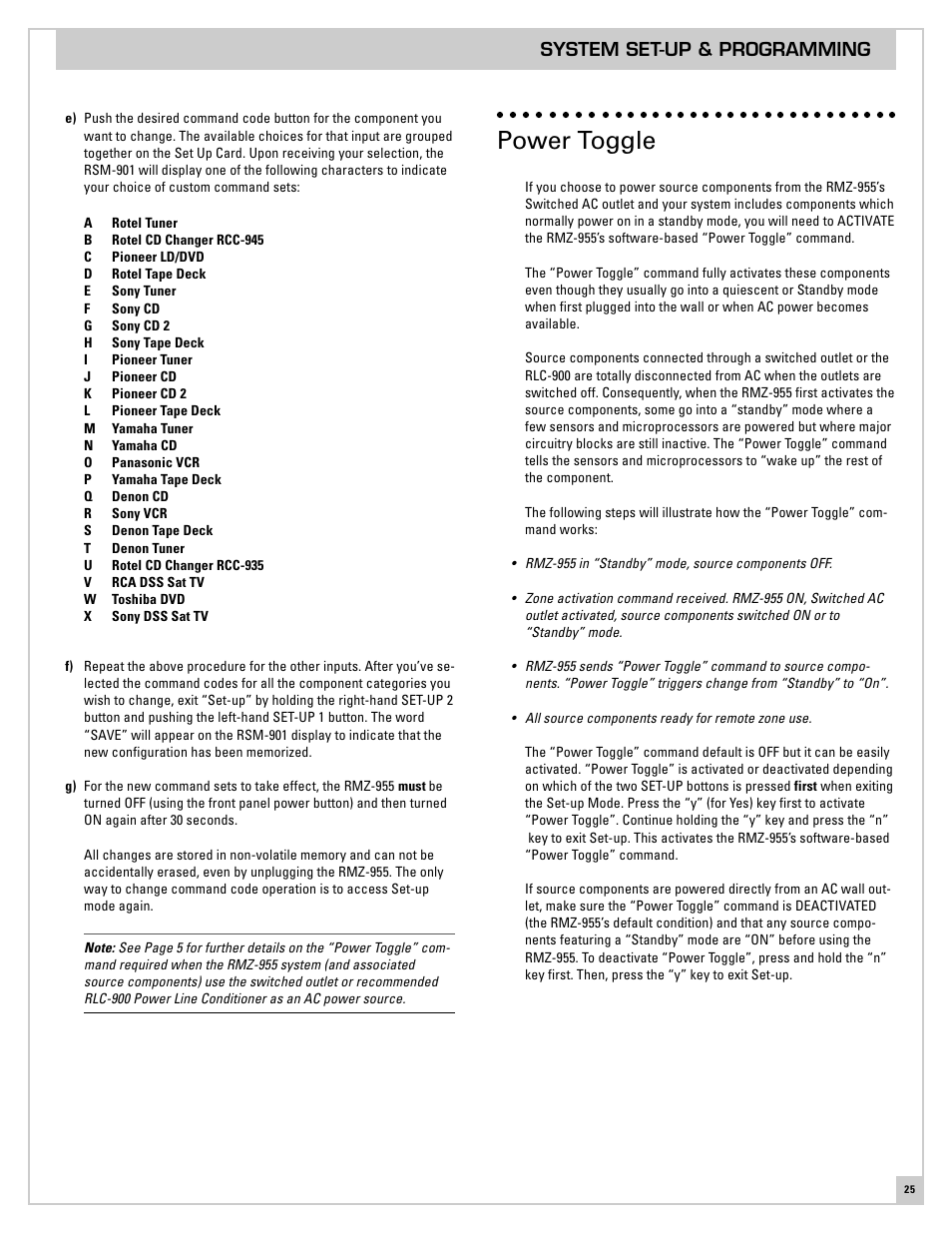 Power toggle, System set-up & programming | ROTEL RMZ-955 User Manual | Page 25 / 32