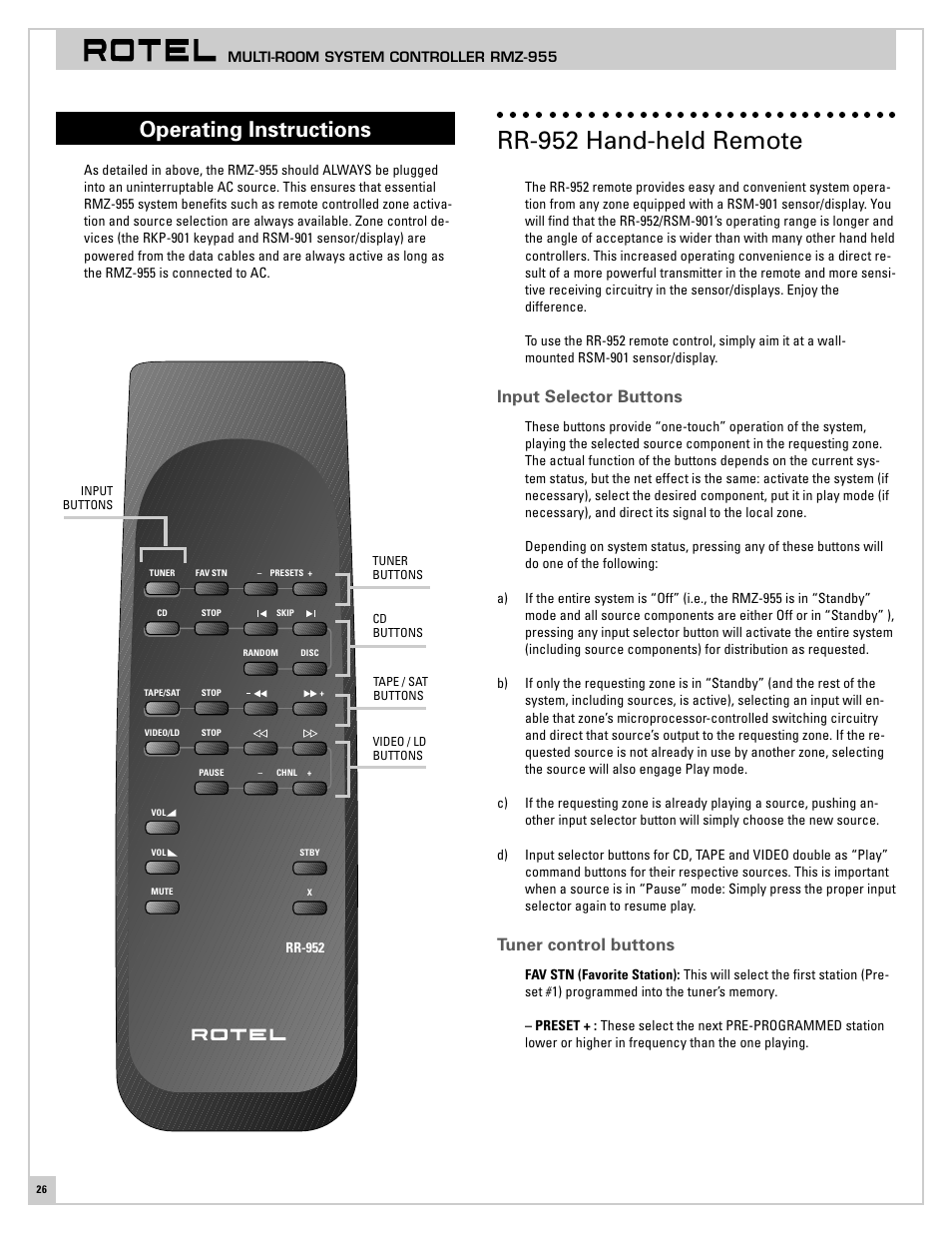Operating instructions, Rr-952 hand-held remote, Input selector buttons | Tuner control buttons | ROTEL RMZ-955 User Manual | Page 26 / 32
