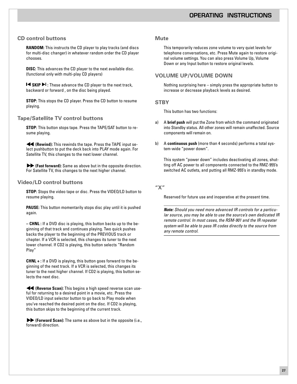 Cd control buttons, Tape/satellite tv control buttons, Video/ld control buttons | Mute, Volume up/volume down, Stby | ROTEL RMZ-955 User Manual | Page 27 / 32
