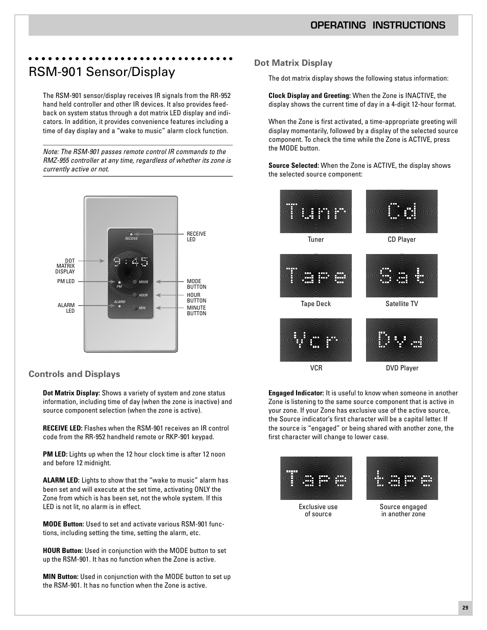Rsm-901 sensor/display, Controls and displays, Dot matrix display | Operating instructions | ROTEL RMZ-955 User Manual | Page 29 / 32