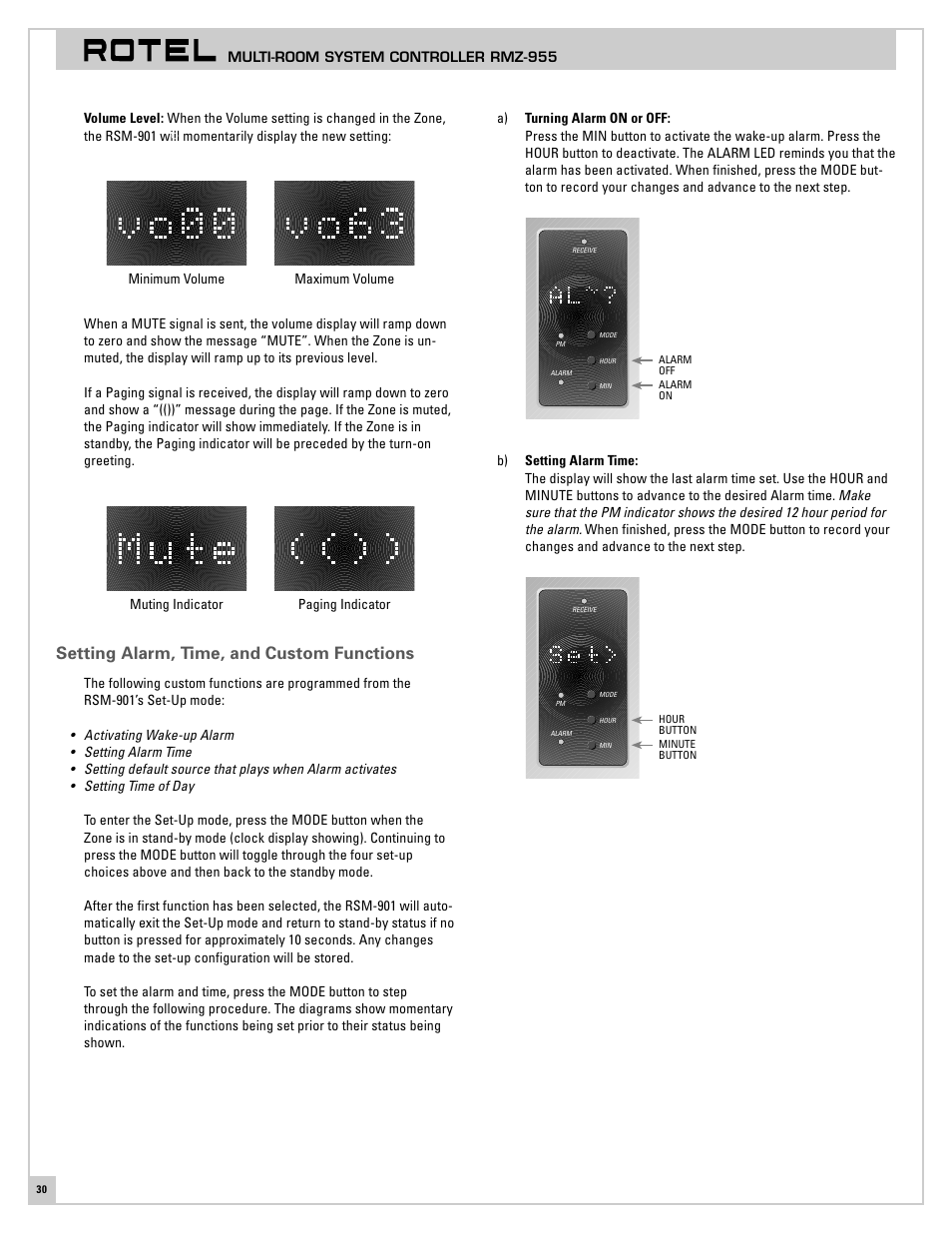 Setting alarm, time, & custom functions, Setting alarm, time, and custom functions | ROTEL RMZ-955 User Manual | Page 30 / 32