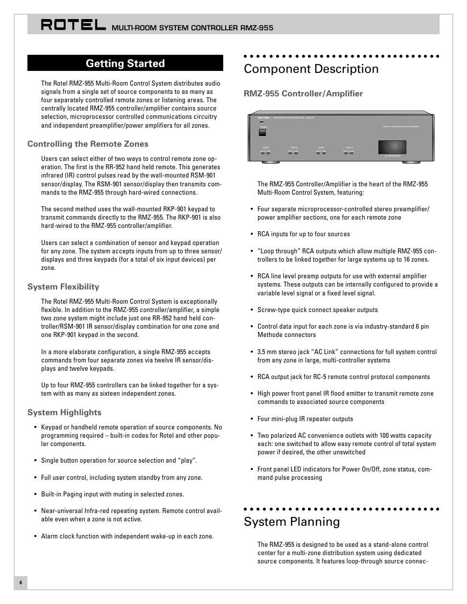 Getting started, Controlling the remote zones, System flexibility | System highlights, Component description, Rmz-955 controller/amplifier, System planning, Multi-room system controller rmz-955 | ROTEL RMZ-955 User Manual | Page 4 / 32