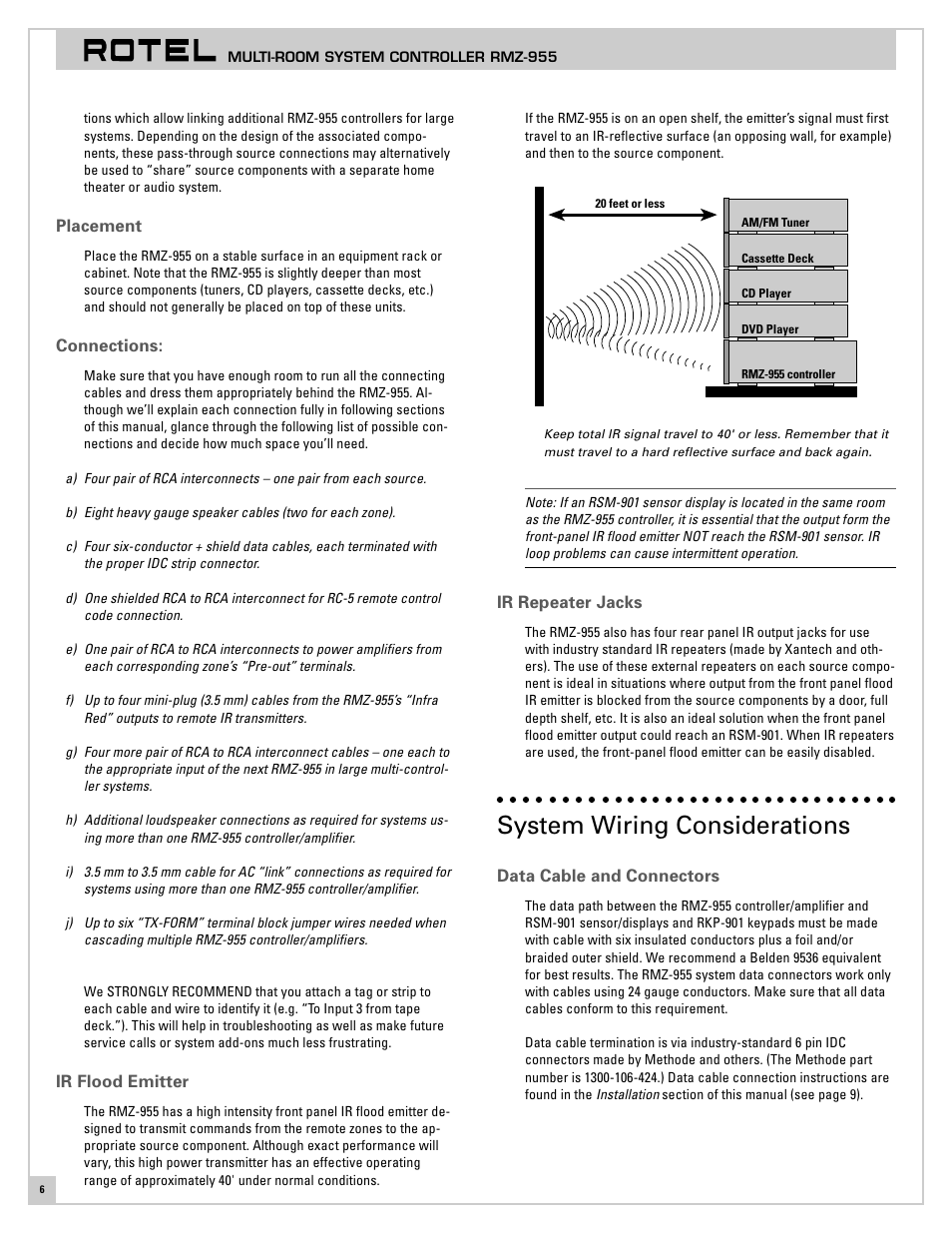 Placement, Connections, Ir flood emitter | Ir repeater jacks, System wiring considerations, Data cable and connectors | ROTEL RMZ-955 User Manual | Page 6 / 32