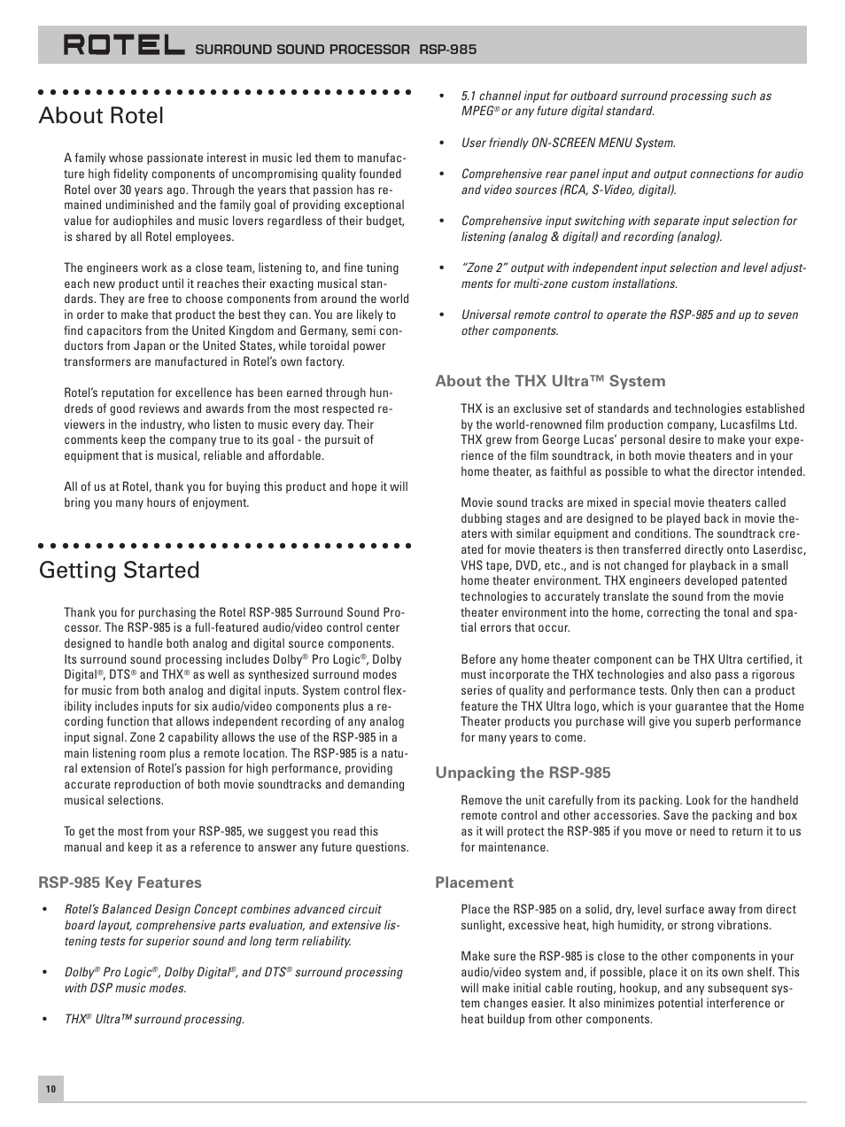 About rotel, Getting started, Rsp-985 key features | About the thx ultra™ system, Unpacking the rsp-985, Placement | ROTEL RSP-985 User Manual | Page 10 / 28