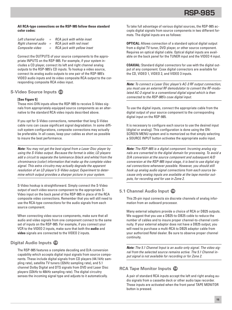 S-video source inputs, Digital audio inputs, 1 channel audio input | Rca tape monitor inputs, Rsp-985 | ROTEL RSP-985 User Manual | Page 15 / 28
