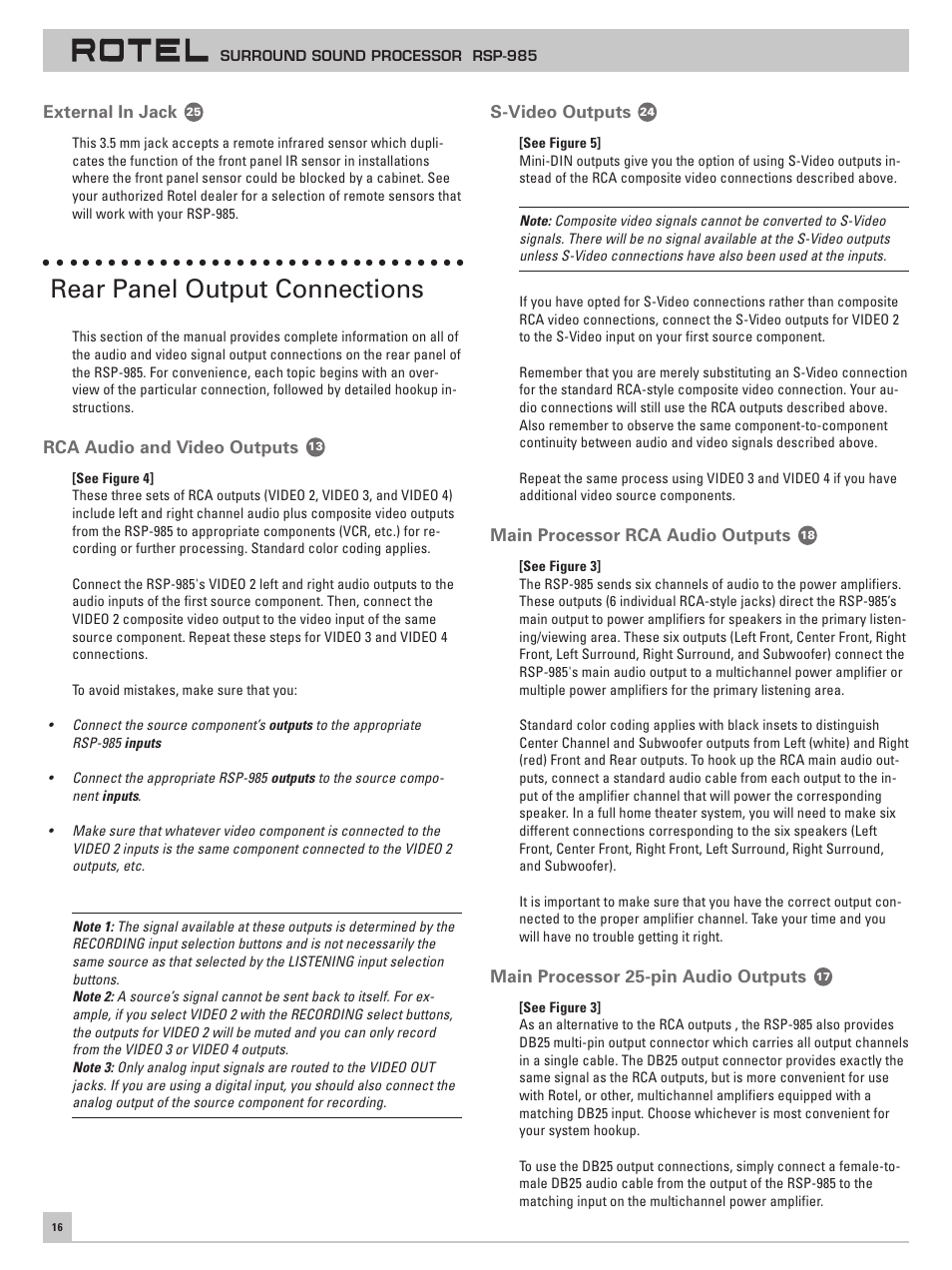 External in jack, Rear panel output connections, Rca audio and video outputs | S-video outputs, Main processor rca audio outputs, Main processor 25-pin audio outputs | ROTEL RSP-985 User Manual | Page 16 / 28