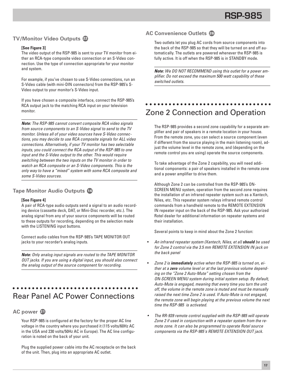 Tv/monitor video outputs, Tape monitor audio outputs, Rear panel ac power connections | Ac power, Ac convenience outlets, Zone 2 connection and operation, Rsp-985 | ROTEL RSP-985 User Manual | Page 17 / 28