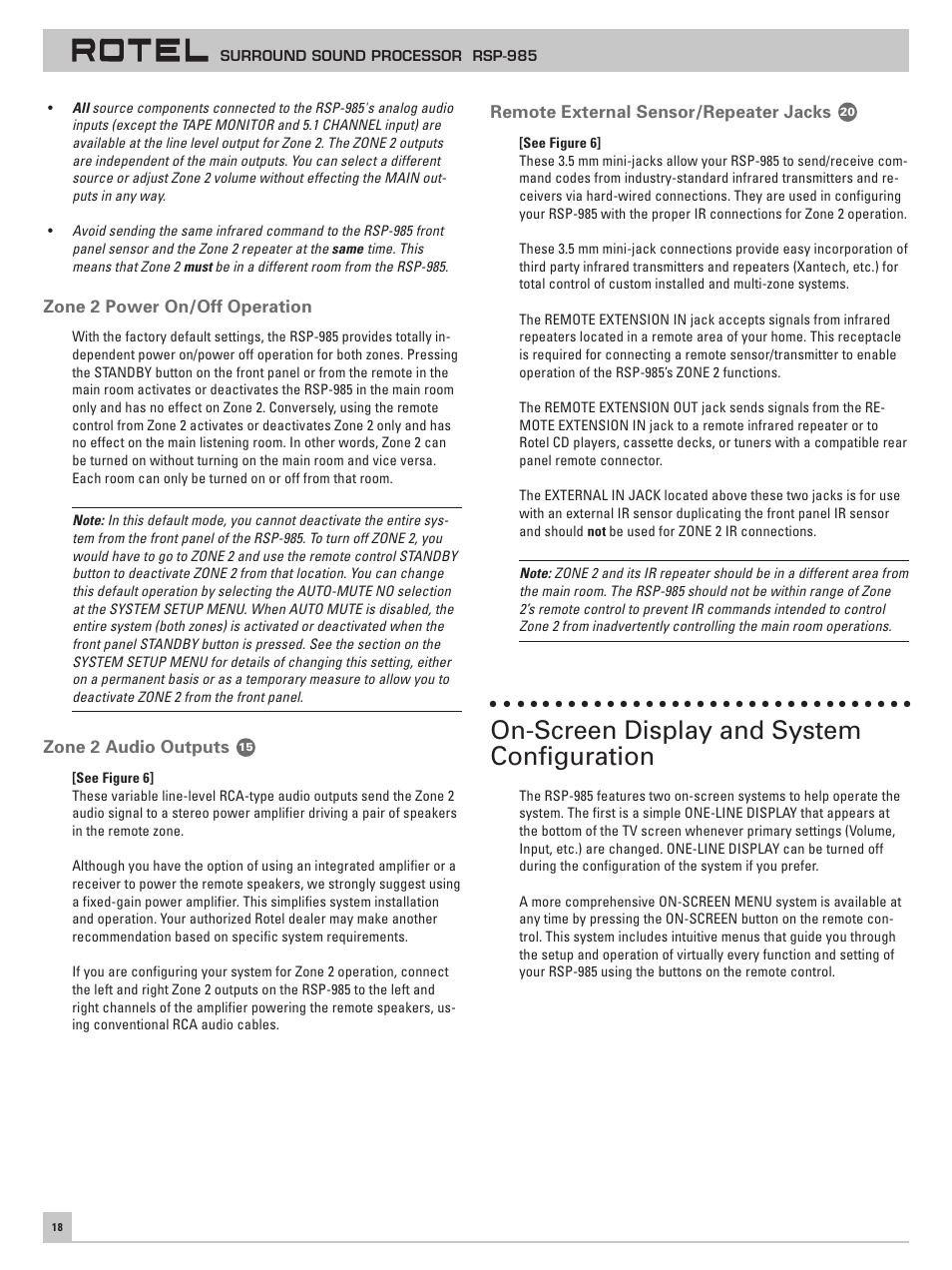 Zone 2 power on/off operation, Zone 2 audio outputs, Remote external sensor/repeater jacks | On-screen display and system configuration | ROTEL RSP-985 User Manual | Page 18 / 28