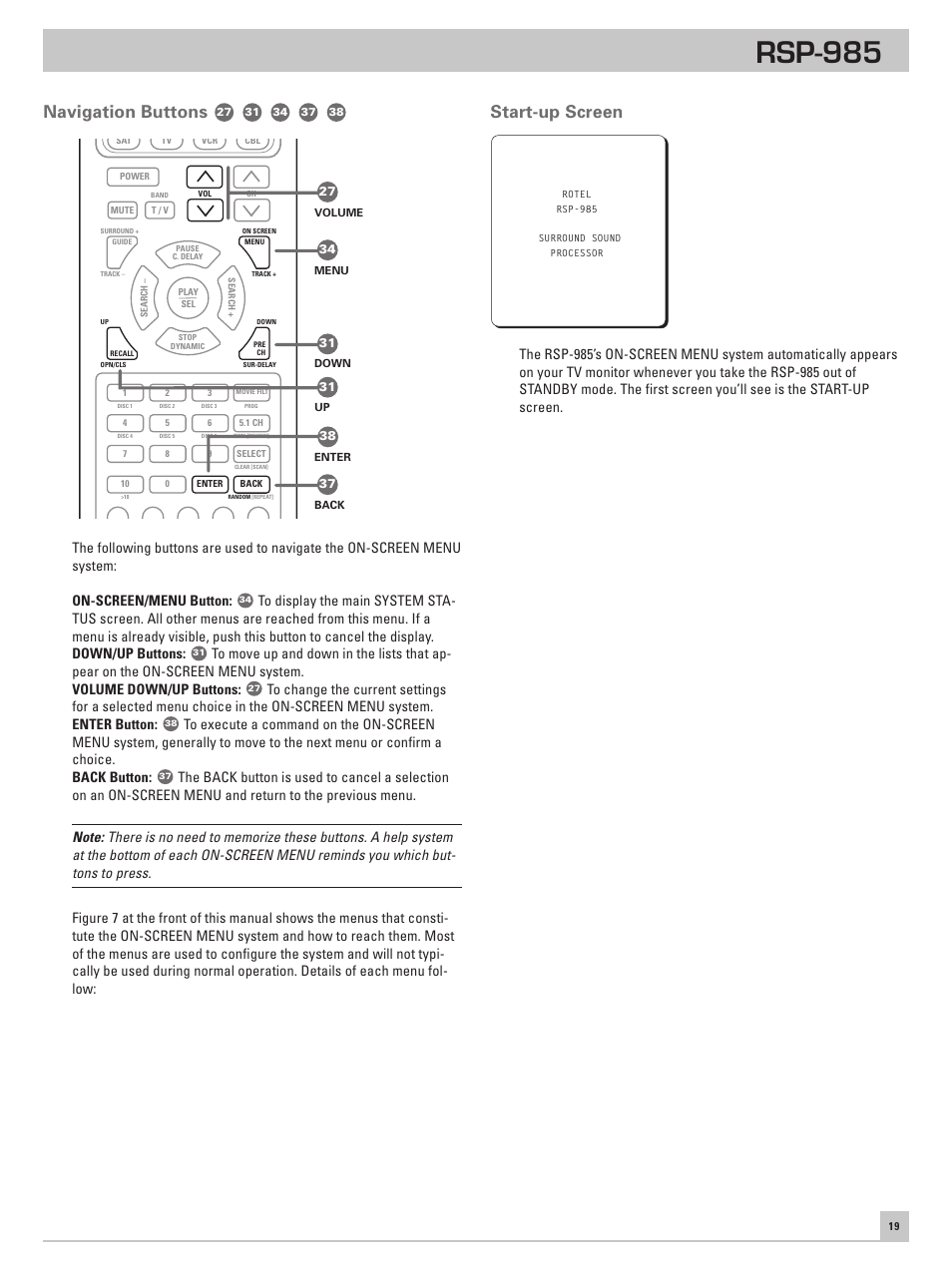 Navigation buttons, Start-up screen, Rsp-985 | ROTEL RSP-985 User Manual | Page 19 / 28