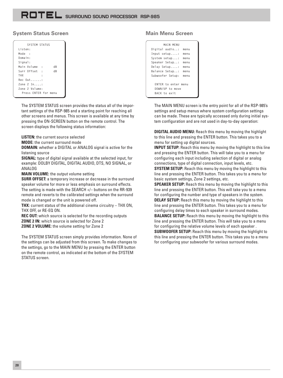 System status screen, Main menu screen, Surround sound processor rsp-985 | ROTEL RSP-985 User Manual | Page 20 / 28