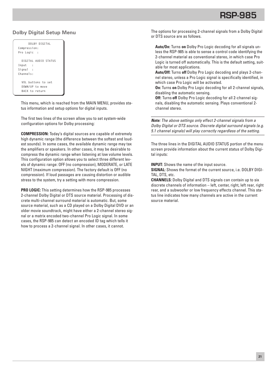 Dolby digital setup menu, Rsp-985 | ROTEL RSP-985 User Manual | Page 21 / 28