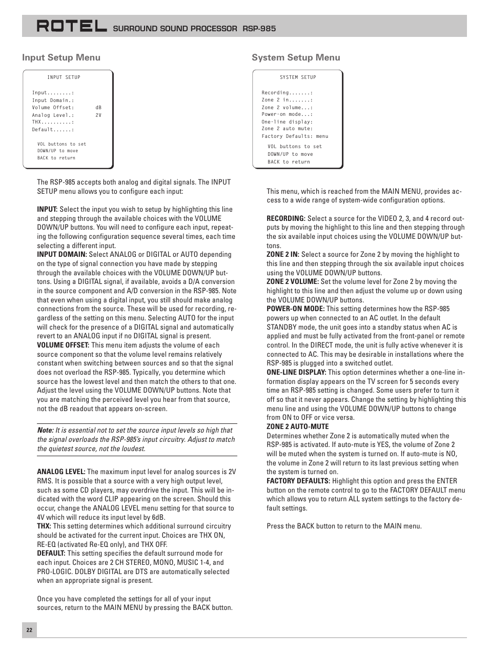 Input setup menu, System setup menu | ROTEL RSP-985 User Manual | Page 22 / 28