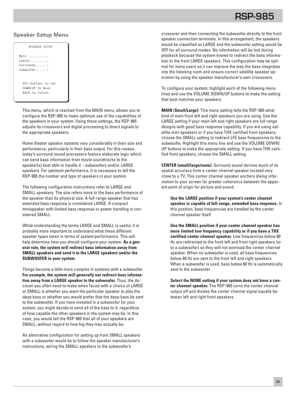 Speaker setup menu, Rsp-985 | ROTEL RSP-985 User Manual | Page 23 / 28