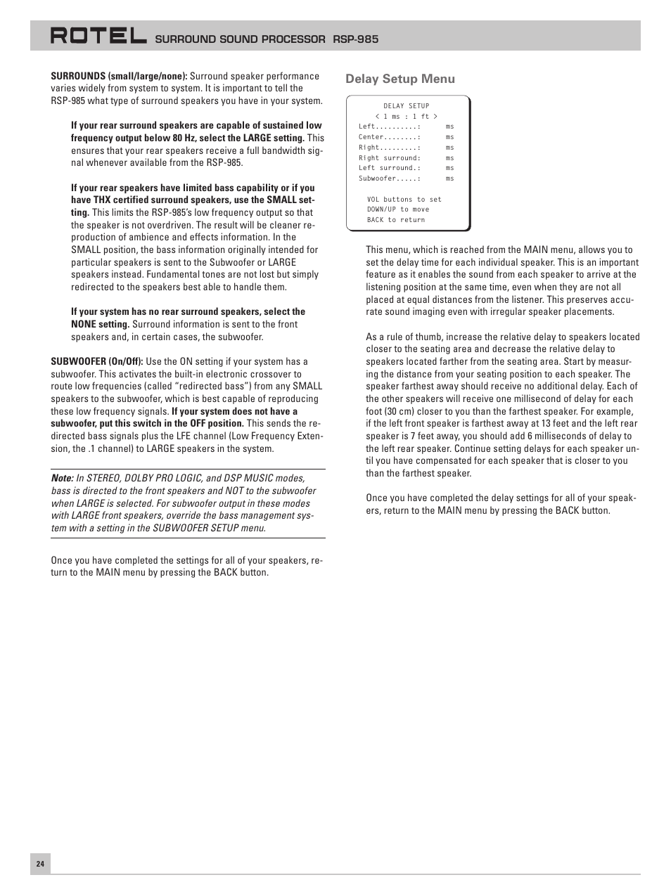 Delay setup menu | ROTEL RSP-985 User Manual | Page 24 / 28