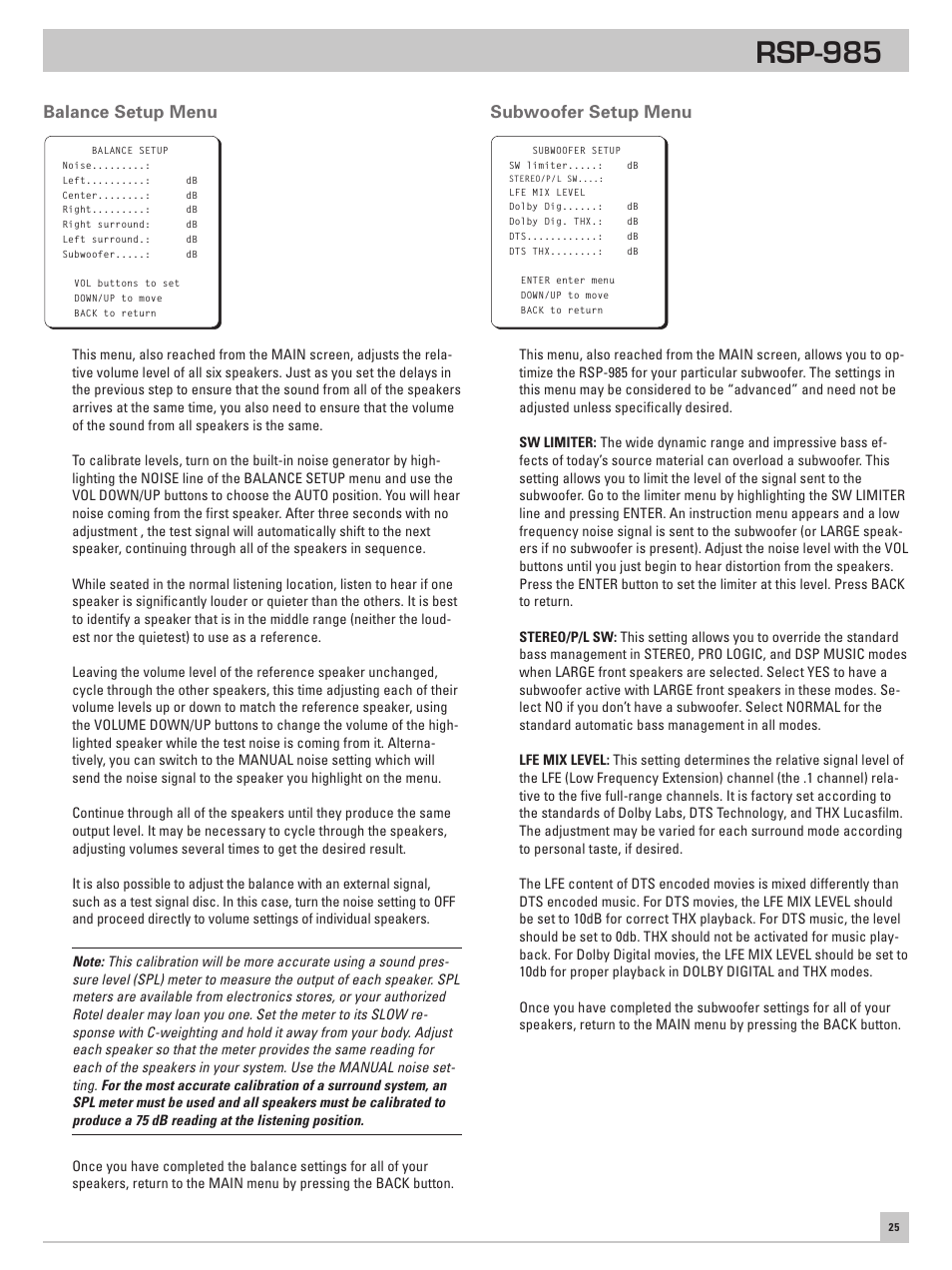 Balance setup menu, Subwoofer setup menu, Rsp-985 | ROTEL RSP-985 User Manual | Page 25 / 28