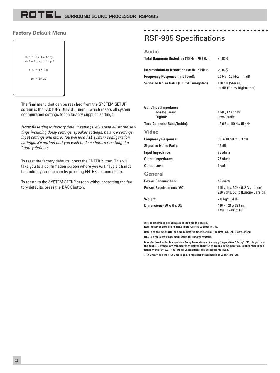 Factory default menu, Rsp-985 specifications, Audio | Video, General | ROTEL RSP-985 User Manual | Page 26 / 28