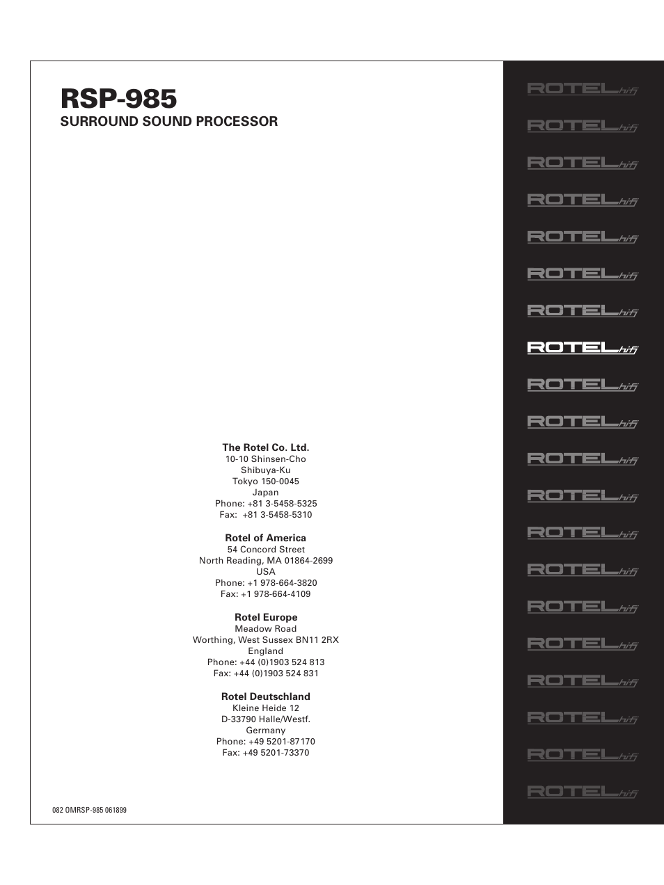 Rsp-985, Surround sound processor | ROTEL RSP-985 User Manual | Page 28 / 28