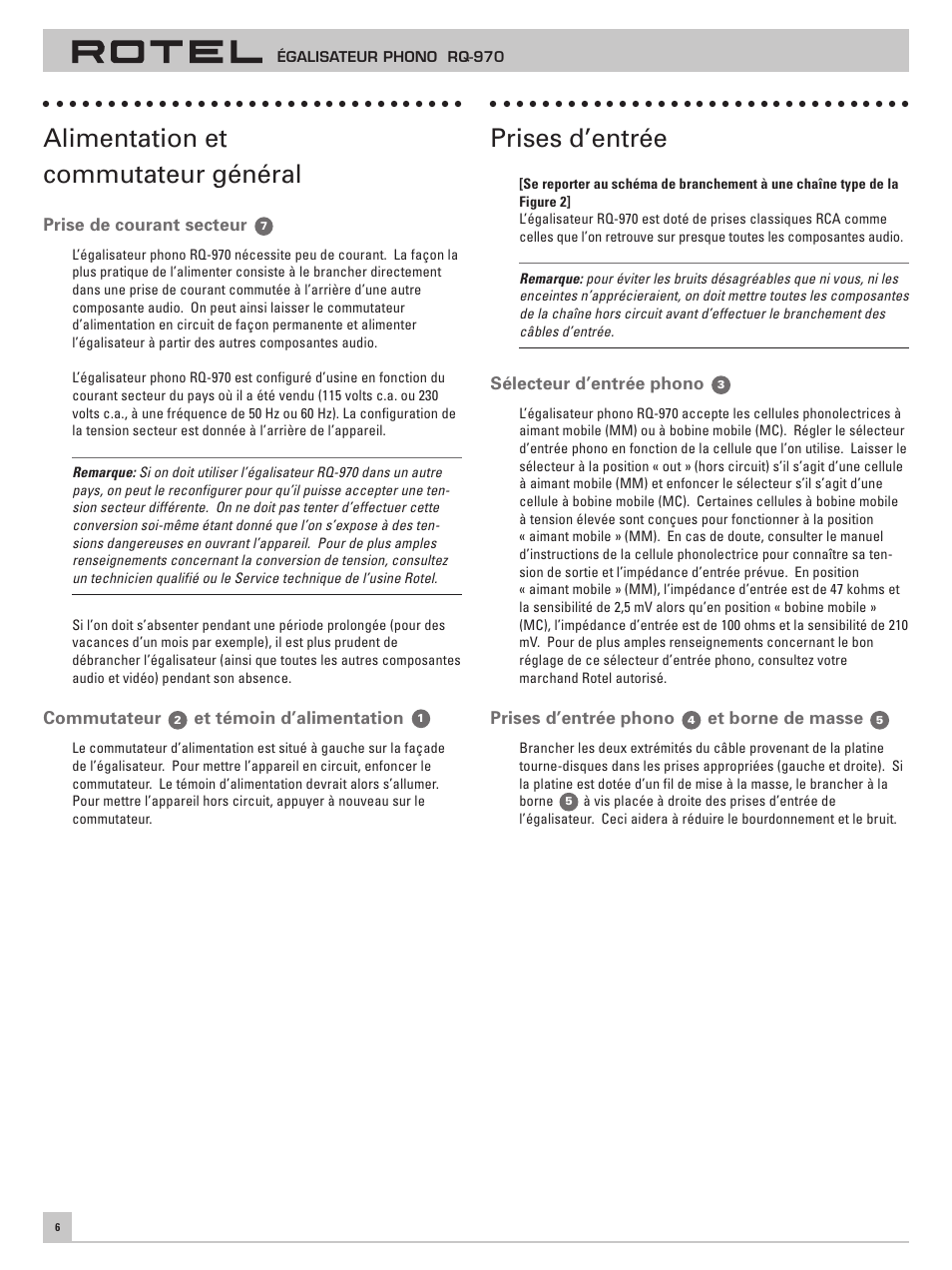 Alimentation et commutateur général, Prises d’entrée | ROTEL RQ-970 User Manual | Page 10 / 32