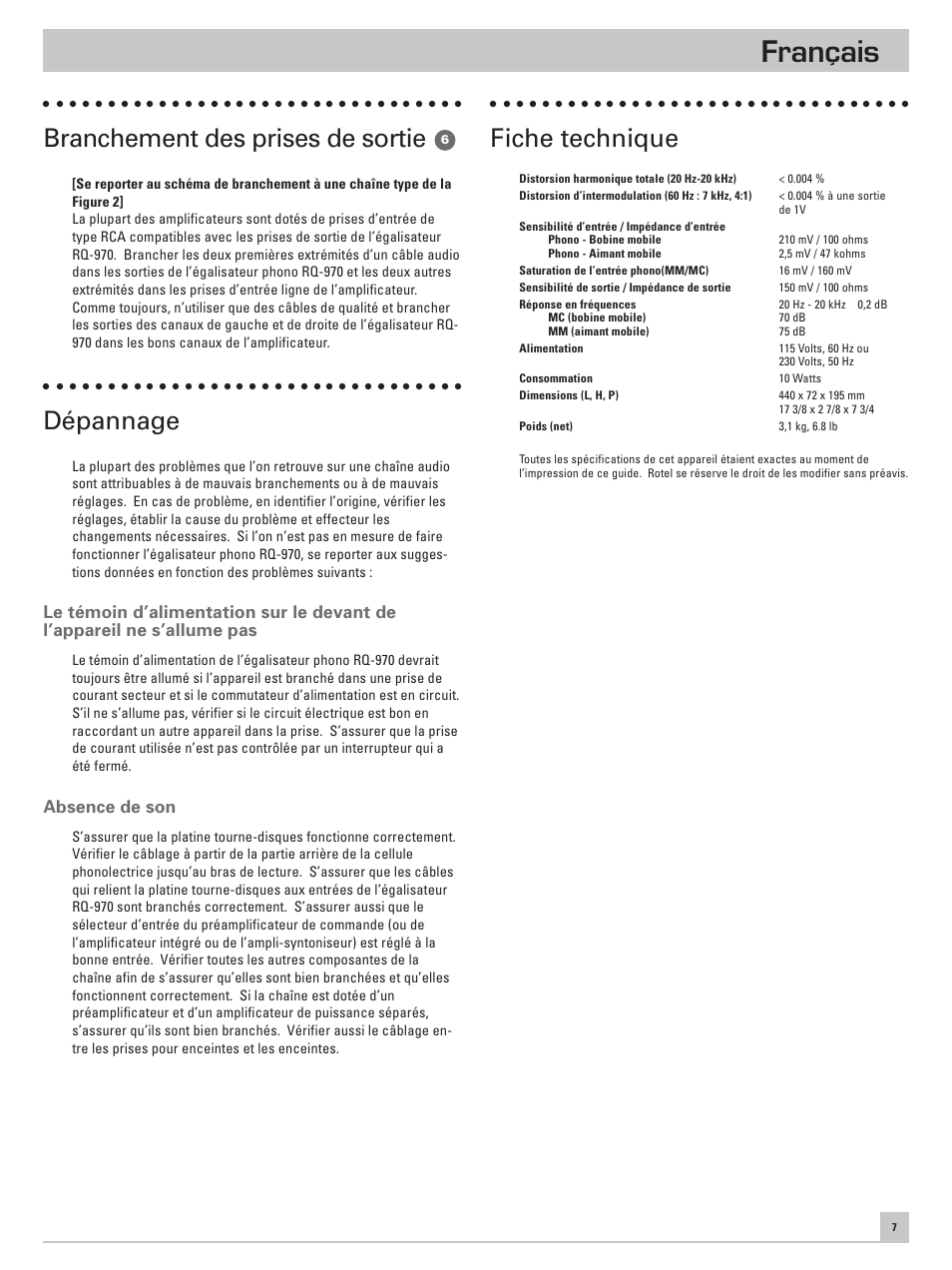 Français, Branchement des prises de sortie, Dépannage | Fiche technique, Absence de son | ROTEL RQ-970 User Manual | Page 11 / 32