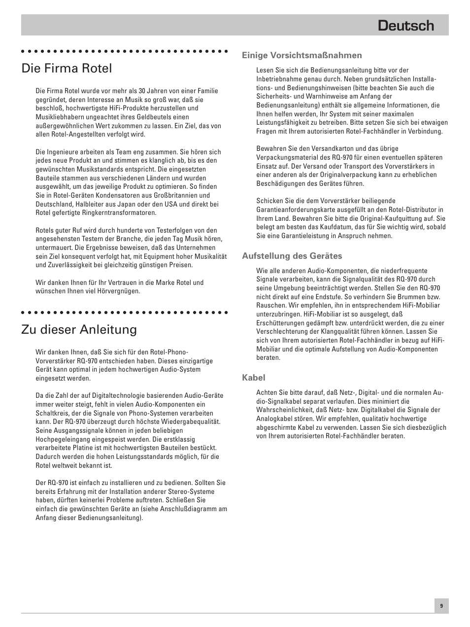 Deutsch, Die firma rotel, Zu dieser anleitung | ROTEL RQ-970 User Manual | Page 13 / 32