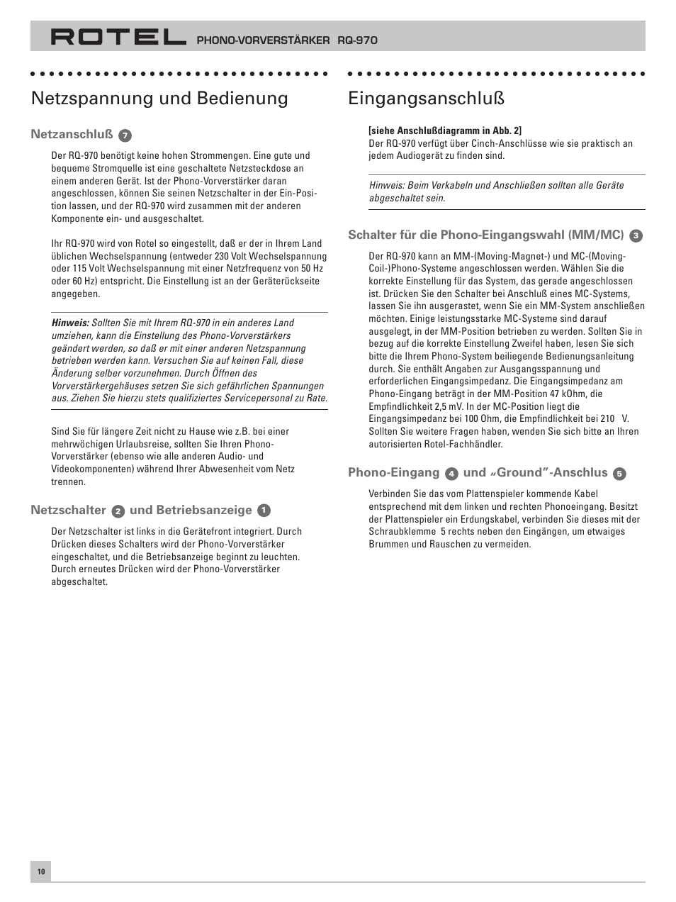 Netzspannung und bedienung, Eingangsanschluß | ROTEL RQ-970 User Manual | Page 14 / 32