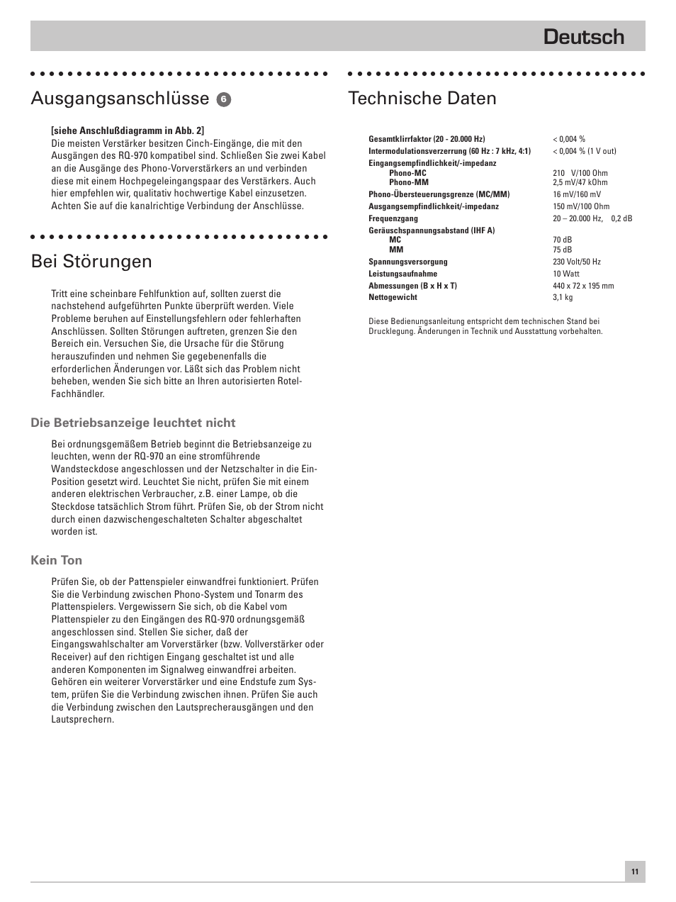 Deutsch, Ausgangsanschlüsse, Bei störungen | Technische daten, Die betriebsanzeige leuchtet nicht, Kein ton | ROTEL RQ-970 User Manual | Page 15 / 32