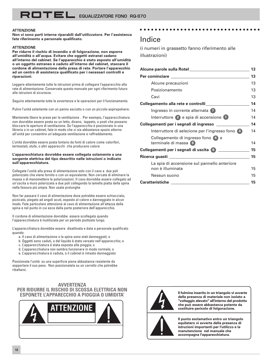 Attenzione, Indice | ROTEL RQ-970 User Manual | Page 16 / 32