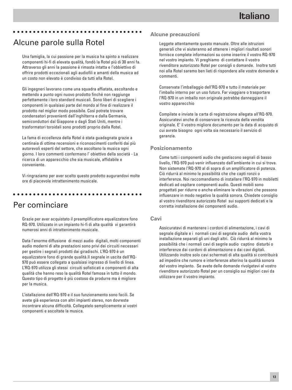 Italiano, Alcune parole sulla rotel, Per cominciare | ROTEL RQ-970 User Manual | Page 17 / 32