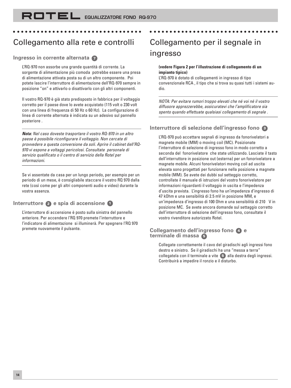 Collegamento alla rete e controlli, Collegamento per il segnale in ingresso | ROTEL RQ-970 User Manual | Page 18 / 32