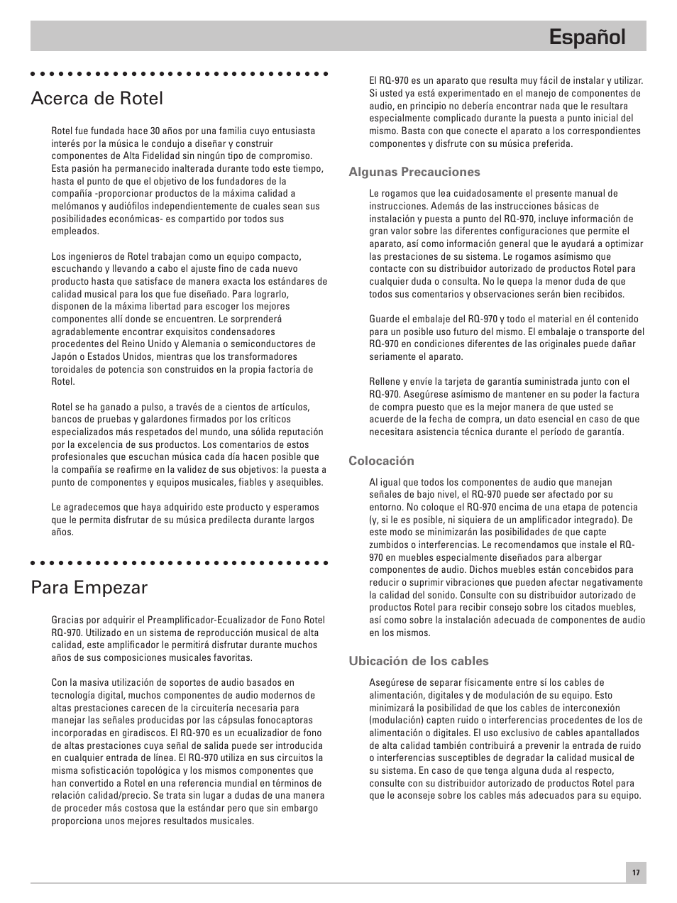Español, Acerca de rotel, Para empezar | ROTEL RQ-970 User Manual | Page 21 / 32