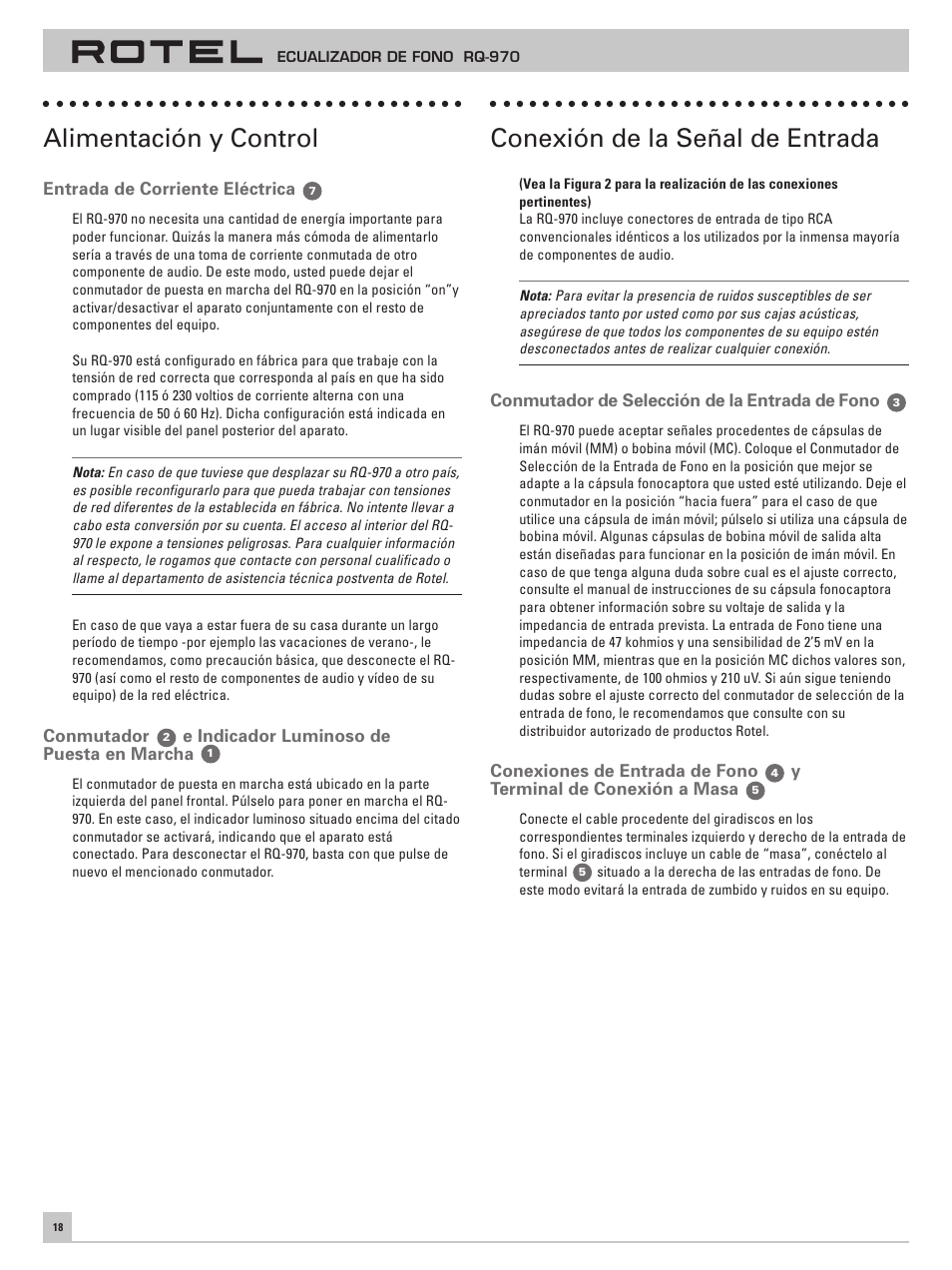 Alimentación y control, Conexión de la señal de entrada | ROTEL RQ-970 User Manual | Page 22 / 32