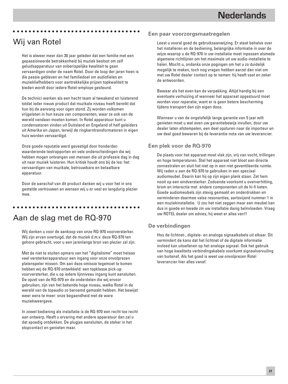 Nederlands, Wij van rotel, Aan de slag met de rq-970 | ROTEL RQ-970 User Manual | Page 25 / 32