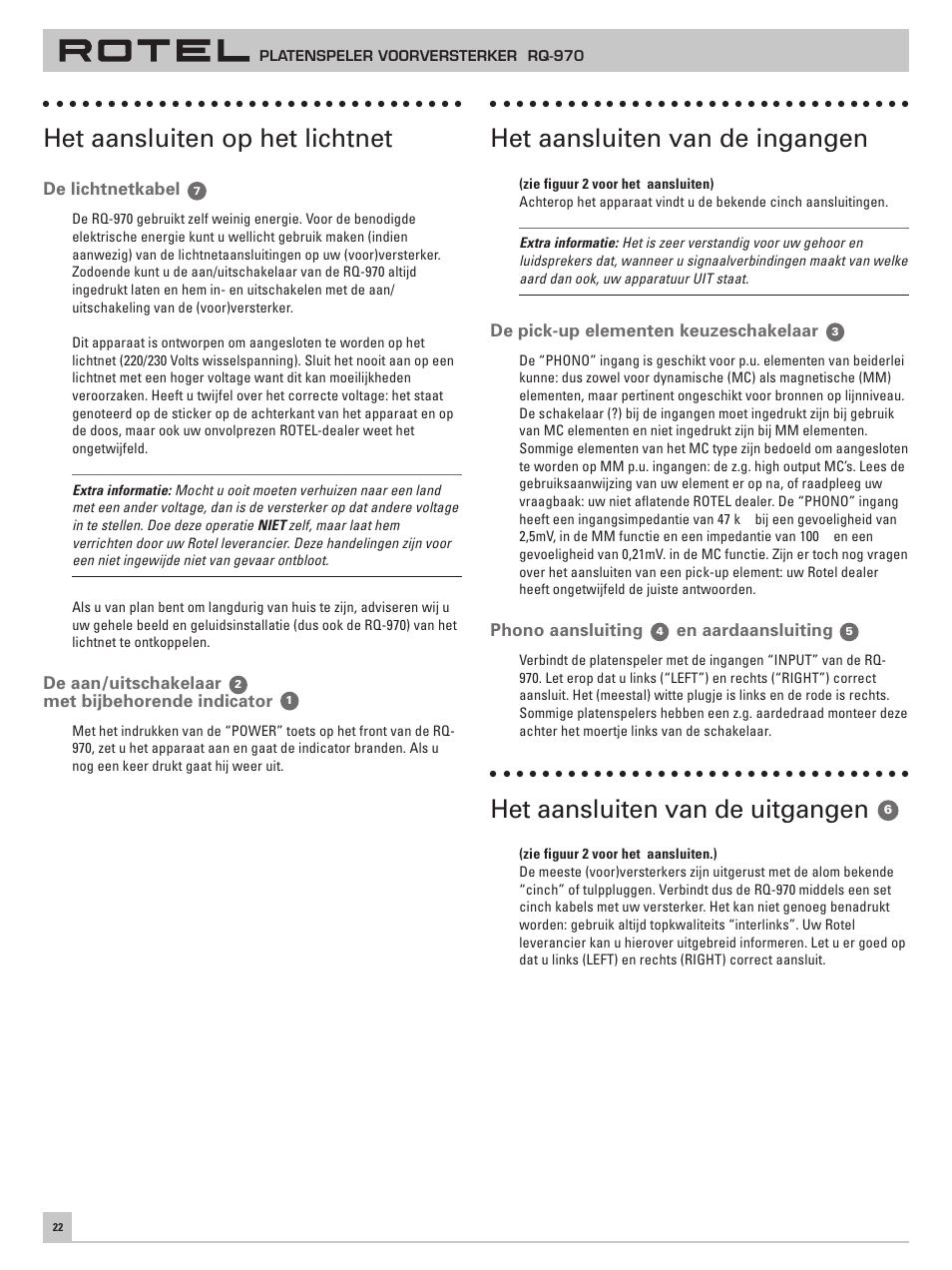 Het aansluiten op het lichtnet, Het aansluiten van de ingangen, Het aansluiten van de uitgangen | ROTEL RQ-970 User Manual | Page 26 / 32