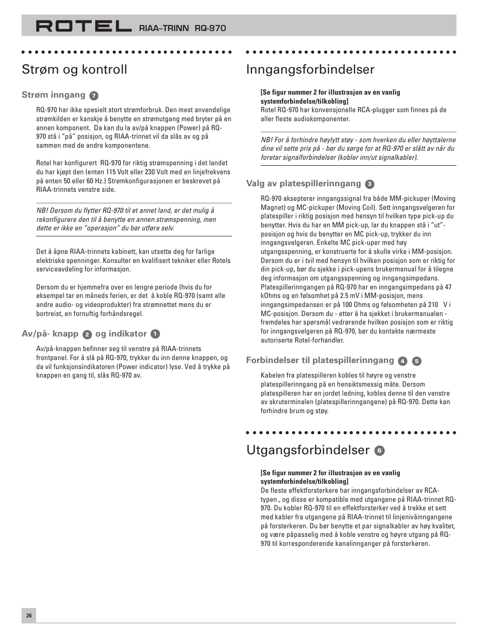 Strøm og kontroll, Inngangsforbindelser, Utgangsforbindelser | ROTEL RQ-970 User Manual | Page 30 / 32