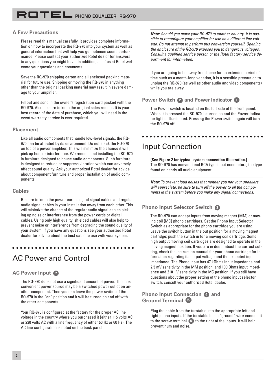 Ac power and control, Input connection | ROTEL RQ-970 User Manual | Page 6 / 32