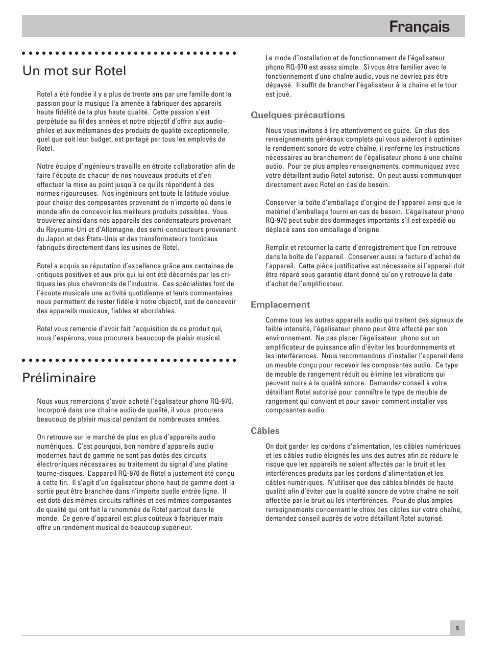 Français, Un mot sur rotel, Préliminaire | ROTEL RQ-970 User Manual | Page 9 / 32