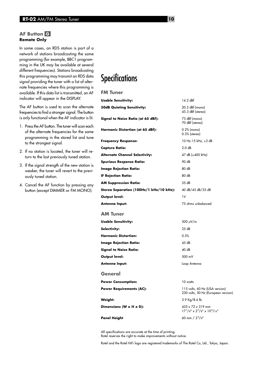 Specifications, Fm tuner, Am tuner | General, Rt-02 am/fm stereo tuner af button | ROTEL RT-02 User Manual | Page 10 / 54