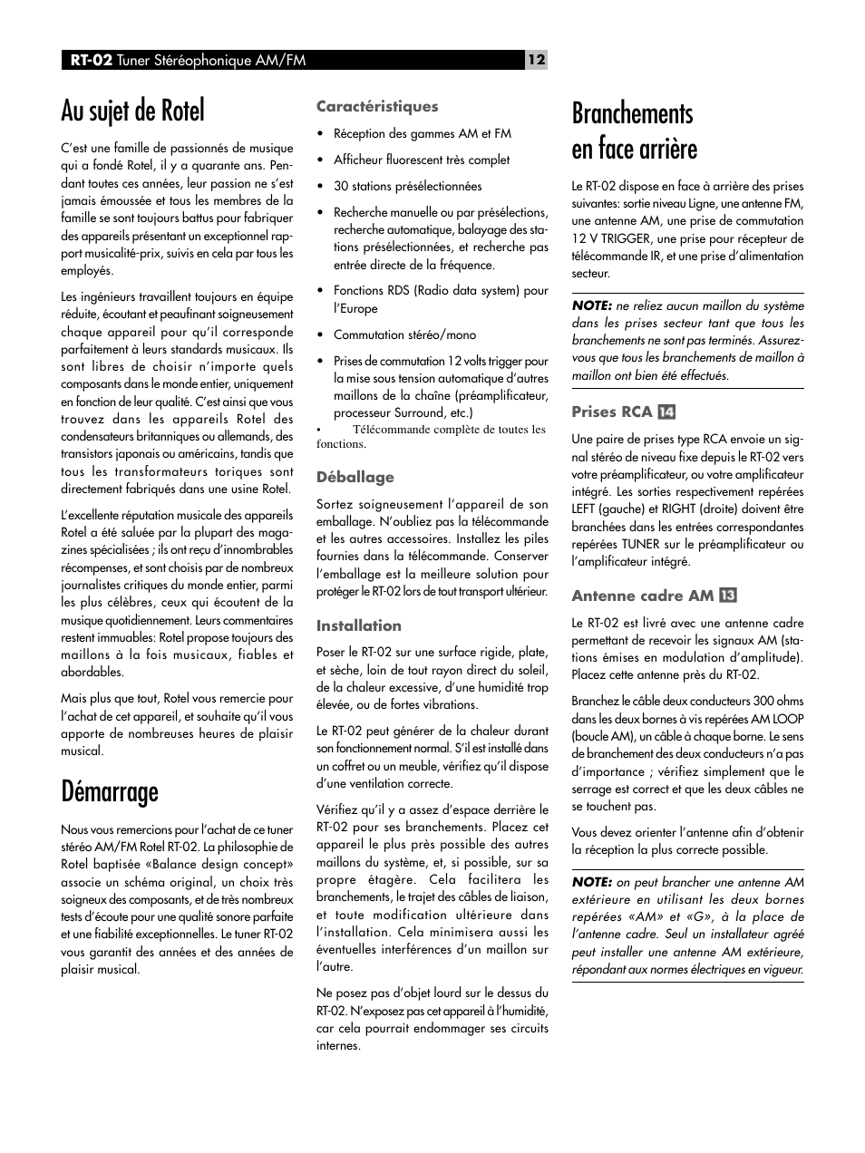 Au sujet de rotel, Démarrage, Caractéristiques | Déballage, Installation, Branchements en face arrière, Prises rca, Antenne cadre am, Démarrage caractéristiques, Branchements en face arrière prises rca | ROTEL RT-02 User Manual | Page 12 / 54
