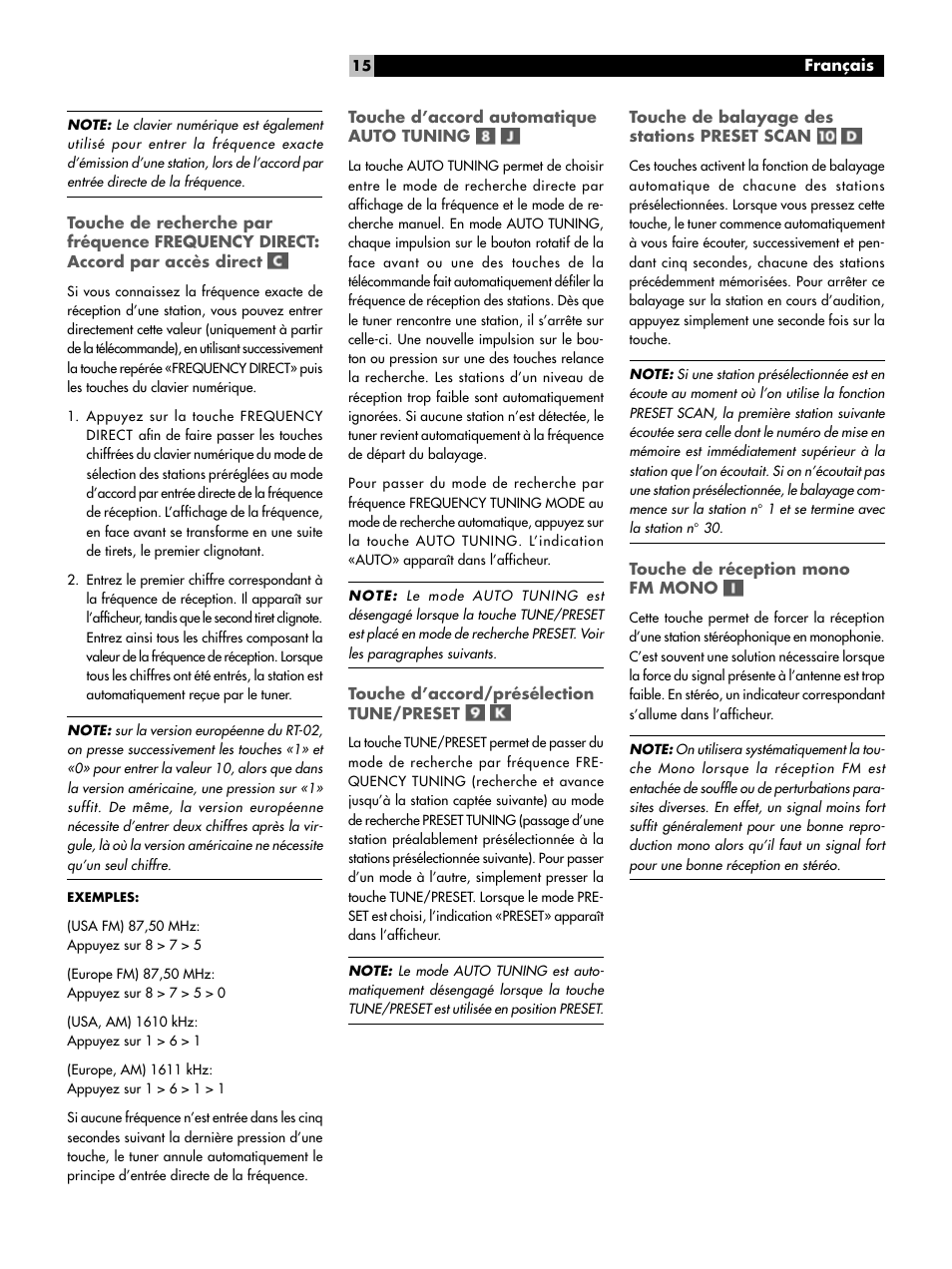 Touche d’accord automatique auto tuning, Touche d’accord/présélection tune/preset, Touche de balayage des stations preset scan | Touche de réception mono fm mono, Réception de type rds | ROTEL RT-02 User Manual | Page 15 / 54