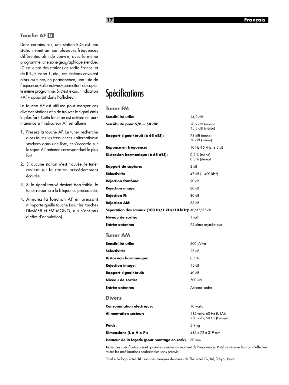 Touche af, Spécifications, Tuner fm | Tuner am, Divers, Français | ROTEL RT-02 User Manual | Page 17 / 54