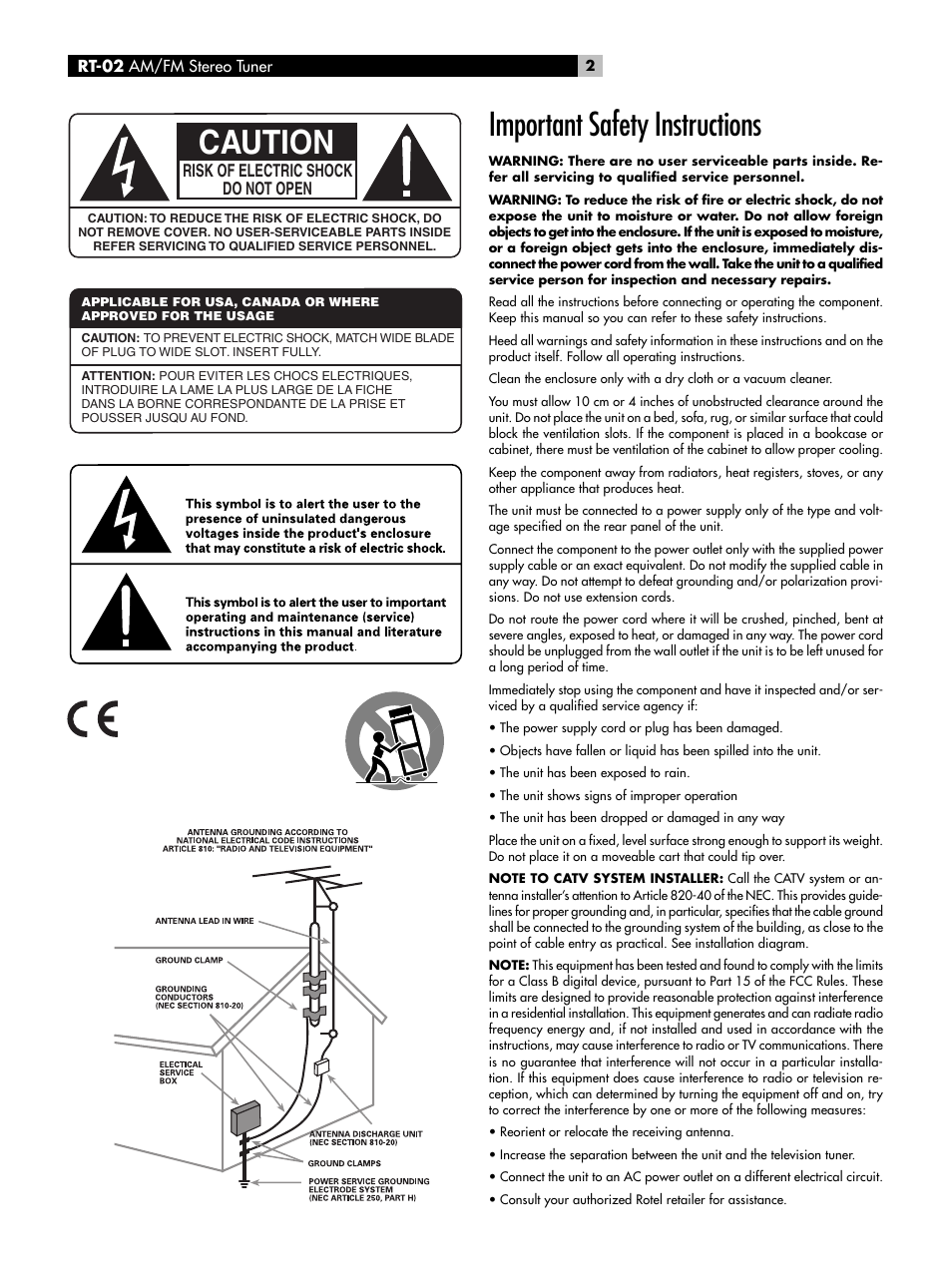 Figure 1: commandes et branchements, Figure 1: bedienelemente und anschlüsse, Figura 1: controlli e collegamenti | De bedieningsorganen en aansluitingen, Caution, Important safety instructions | ROTEL RT-02 User Manual | Page 2 / 54