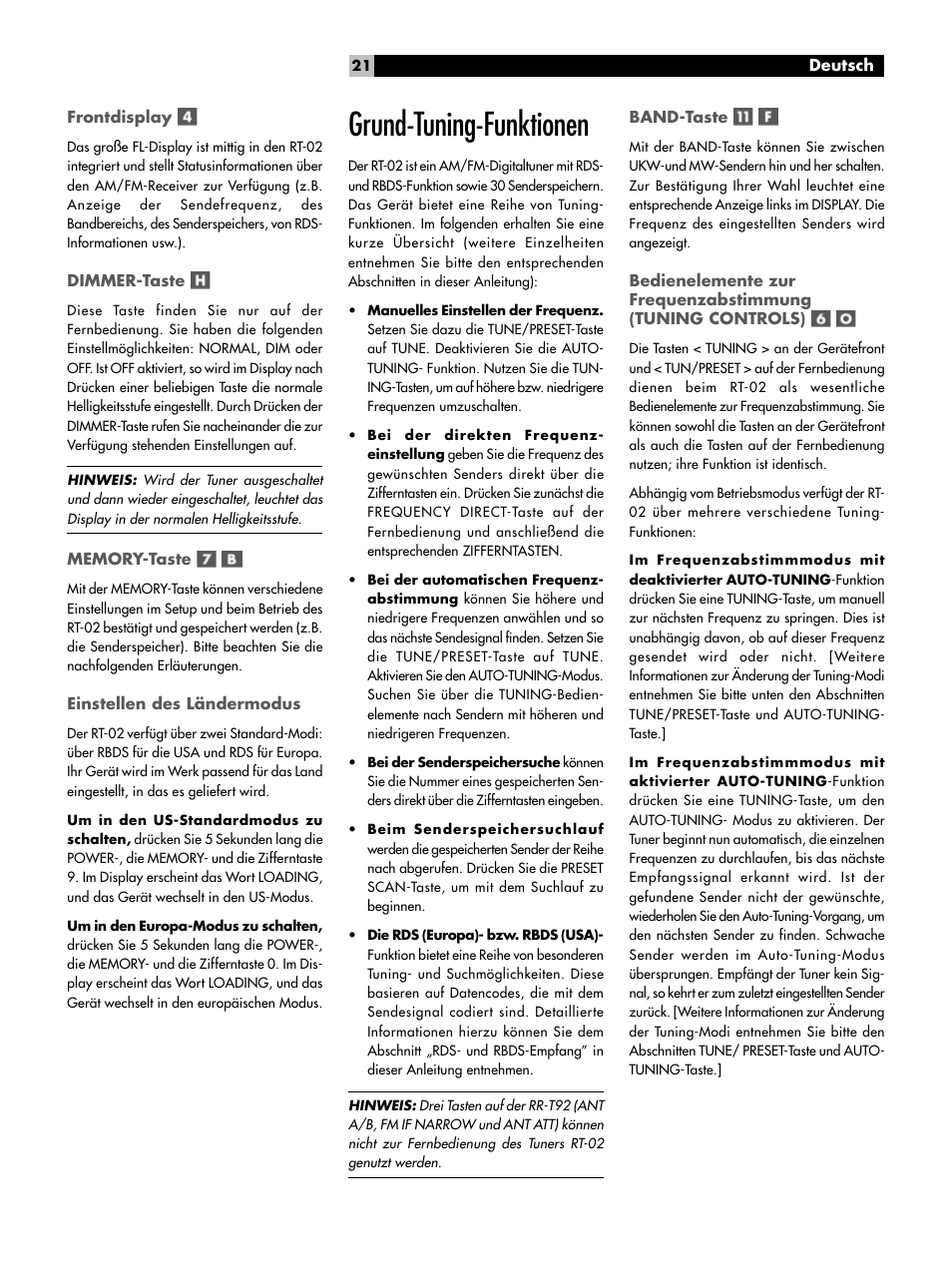 Frontdisplay, Dimmer-taste, Memory-taste | Einstellen des ländermodus, Grund-tuning-funktionen, Band-taste, Grund-tuning-funktionen band-taste | ROTEL RT-02 User Manual | Page 21 / 54