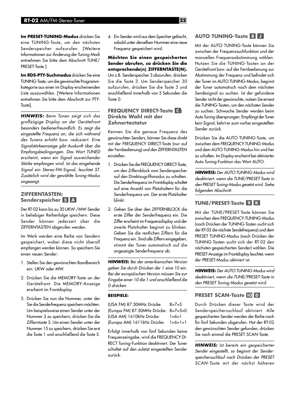 Zifferntasten: senderspeicher, Auto tuning-taste, Tune/preset-taste | Preset scan-taste, Frequency direct-taste, Direkte wahl mit der zehnertastatur | ROTEL RT-02 User Manual | Page 22 / 54