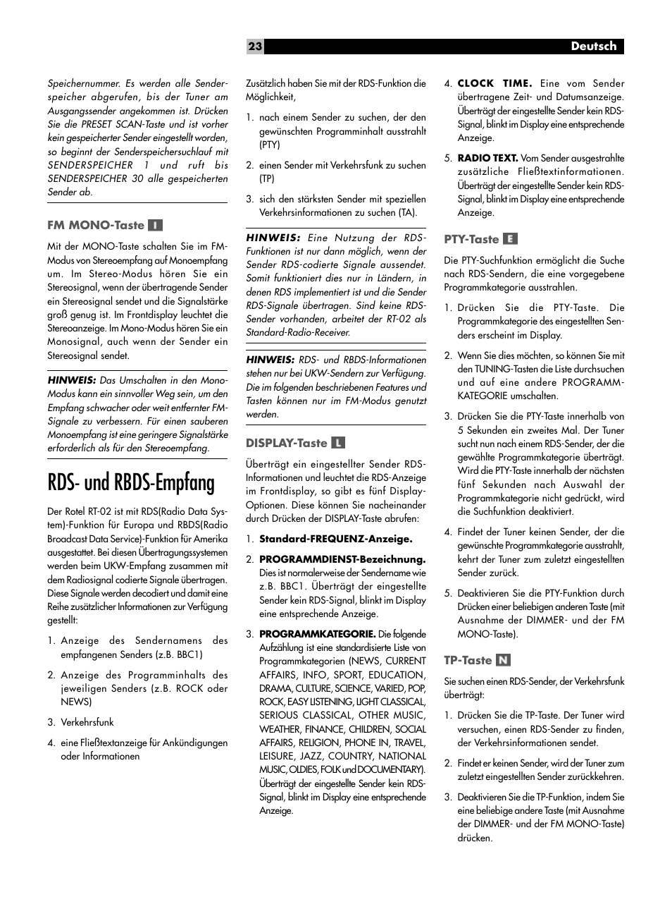 Fm mono-taste, Rds- und rbds-empfang, Display-taste | Pty-taste, Tp-taste, Rds- und rbds-empfang display-taste | ROTEL RT-02 User Manual | Page 23 / 54