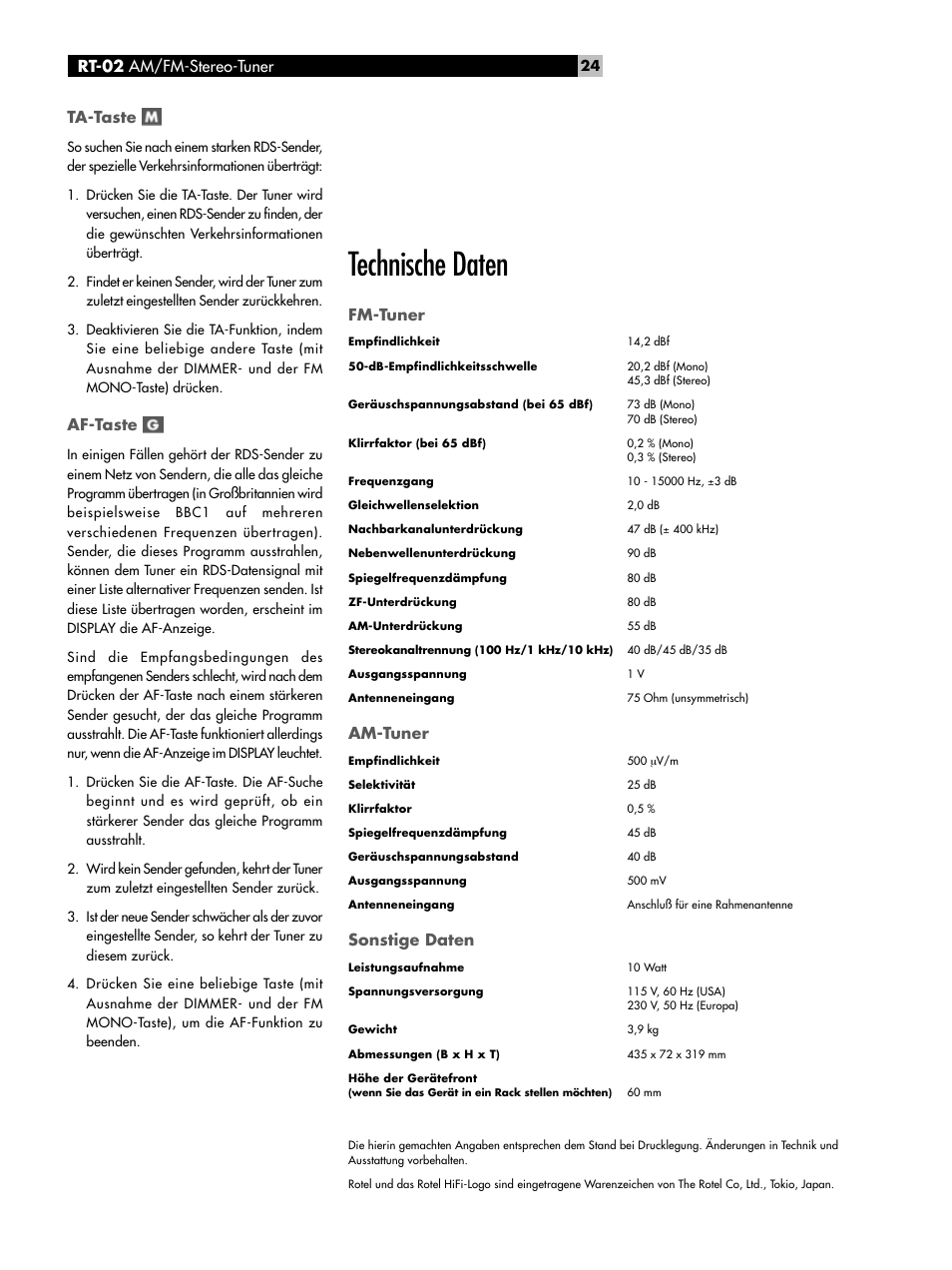 Ta-taste, Af-taste, Technische daten | Fm-tuner, Am-tuner, Sonstige daten, Rt-02 am/fm-stereo-tuner | ROTEL RT-02 User Manual | Page 24 / 54