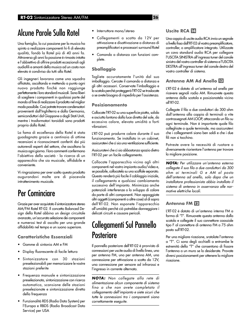 Alcune parole sulla rotel, Per cominciare, Caratteristiche essenziali | Sballaggio, Posizionamento, Collegamenti sul pannello posteriore, Uscite rca, Antenna am ad anello, Antenna fm, Per cominciare caratteristiche essenziali | ROTEL RT-02 User Manual | Page 26 / 54