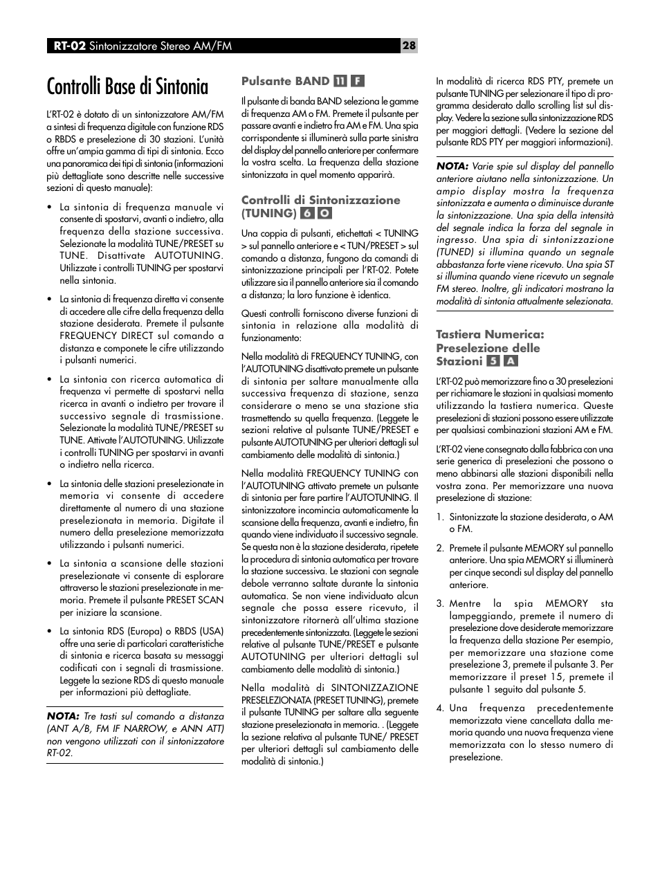 Controlli base di sintonia, Pulsante band, Controlli di sintonizzazione (tuning) | Tastiera numerica: preselezione delle stazioni, Controlli base di sintonia pulsante band | ROTEL RT-02 User Manual | Page 28 / 54